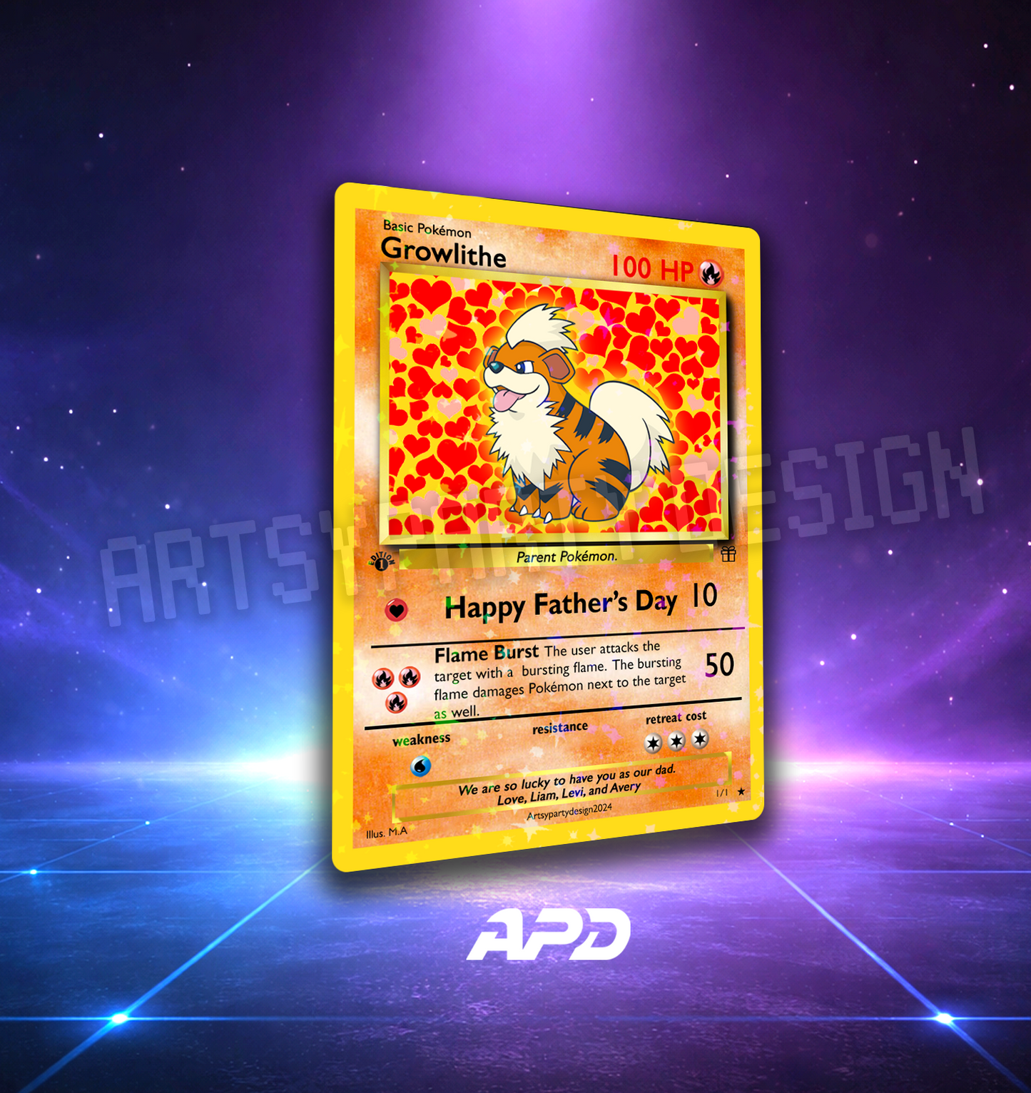 Growlithe Father's Day Pokemon Card, Rare Custom Card, Fathers Day Trading Card