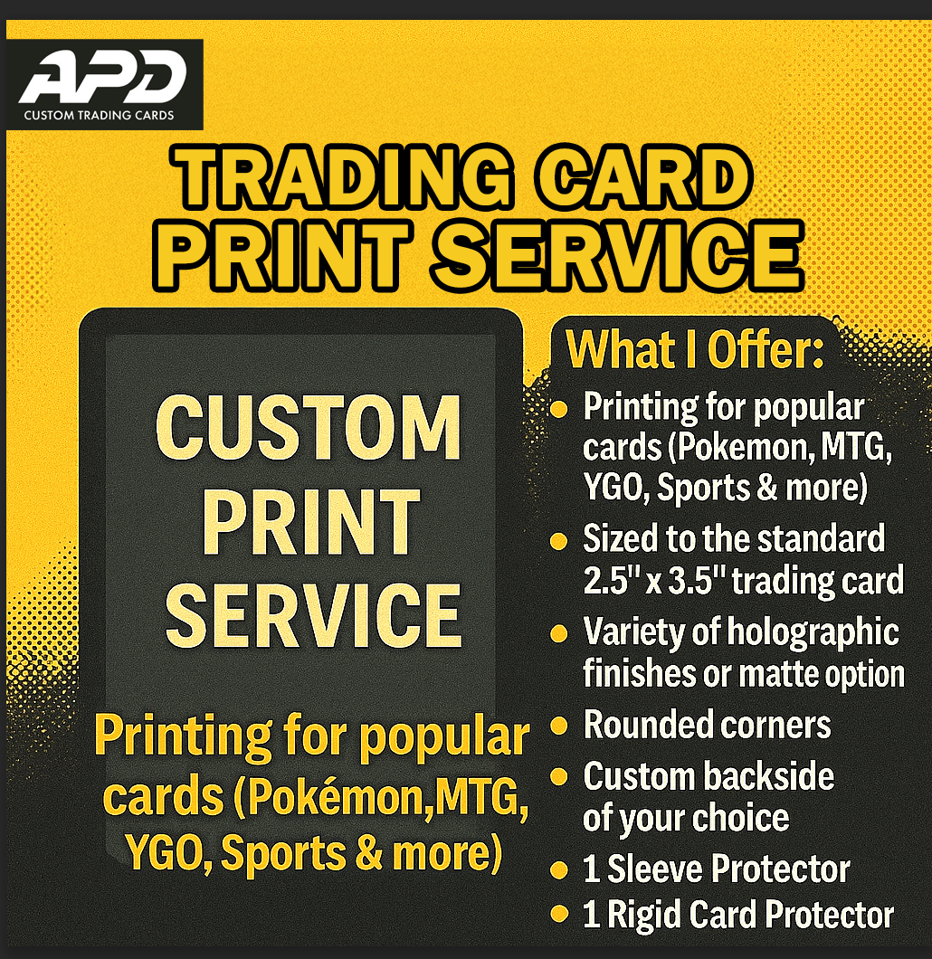 Advertisement for APD Custom Trading Cards with text about trading card print service on a yellow and black background.